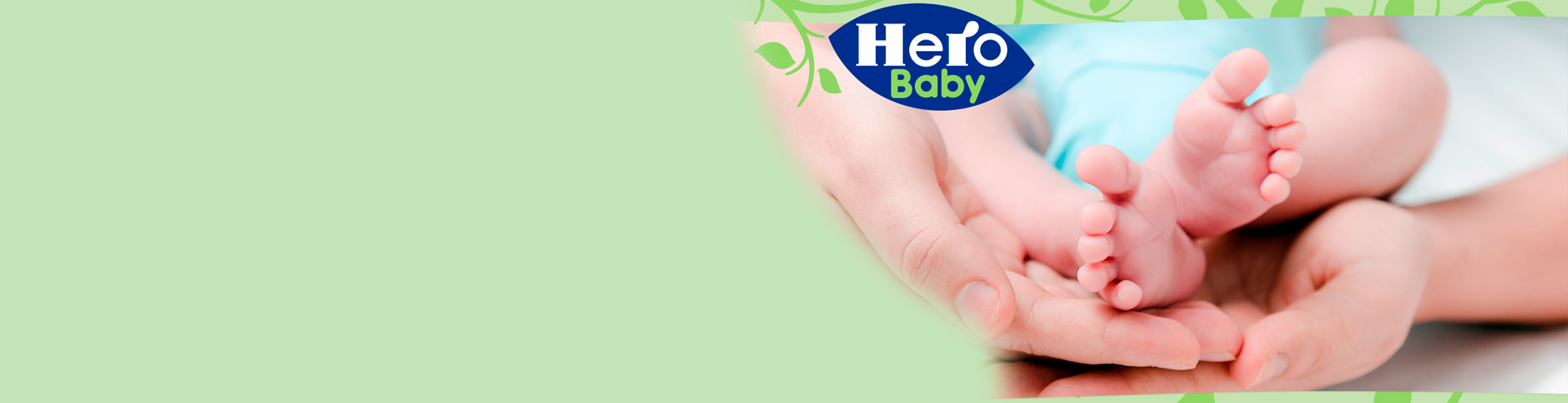 Se veria una mano sujetando a un bebe y el logo de hero baby